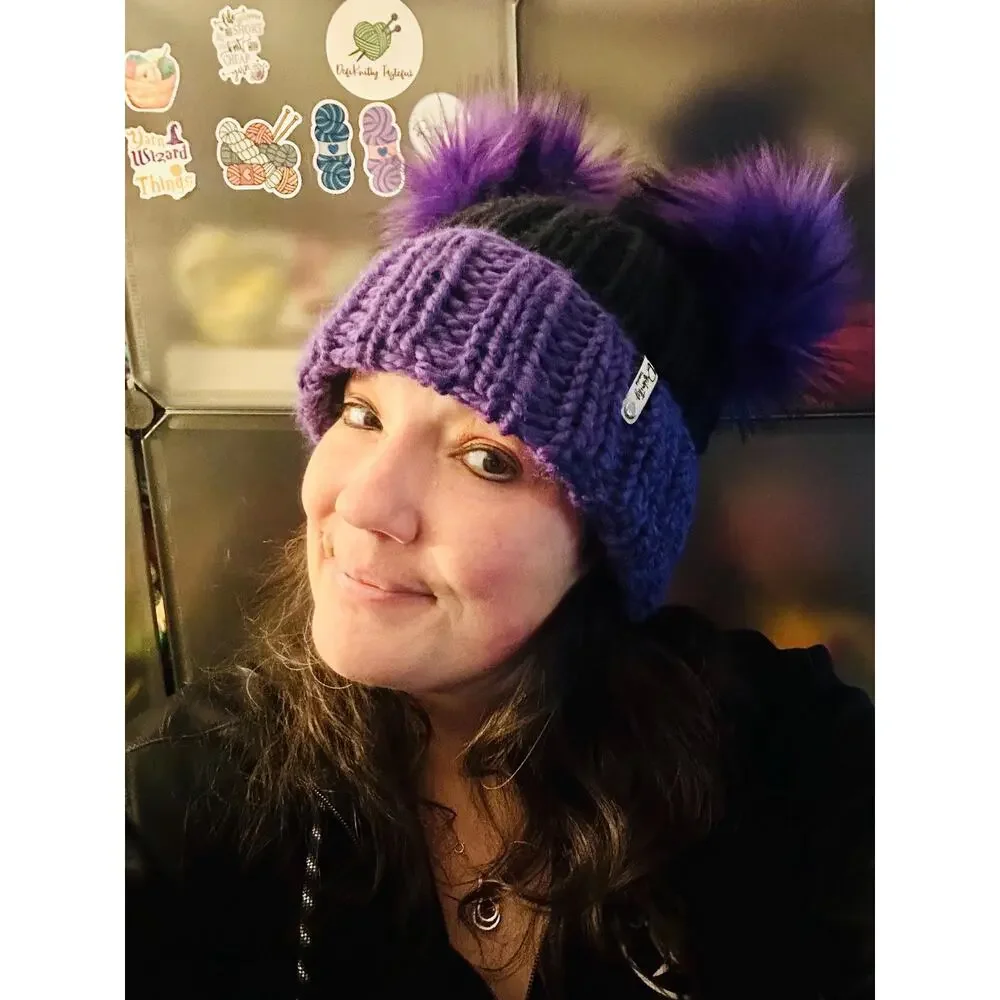 Hand Knit Beanie with Double Faux Fur Poms - Adult Winter Hat